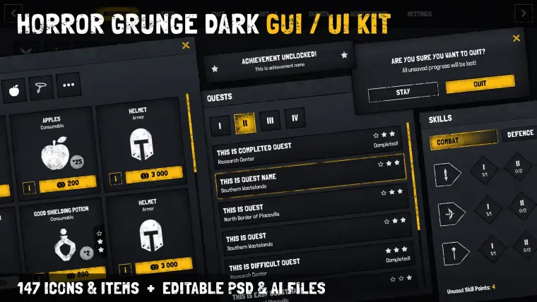 Horror / Grunge / Military / RPG Dark GUI / UI KIT + psd/ai source files