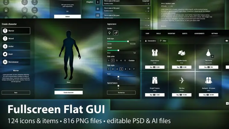 Fullscreen Flat GUI / UI Kit - transparent, rpg pack