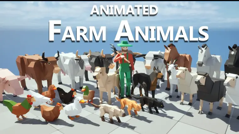 Animated Farm Animals & Farmer- 3D LOW POLY Cubic